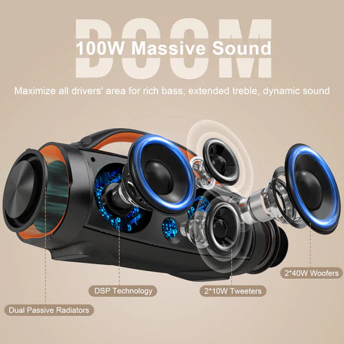 DOSS Extreme Boom+ Outdoor Speaker with 100W Stereo Sound, Rich Bass, 20H Playtime, Power Bank, Mixed Color Light, IPX6 Waterproof Speaker for Camping, Beach