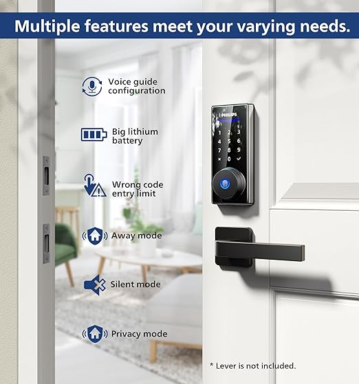 Philips Fingerprint Door Lock, Keyless Entry Door Lock, Electronic Door Lock, Touchscreen Keypad Deadbolt - Easy Installation and Set up