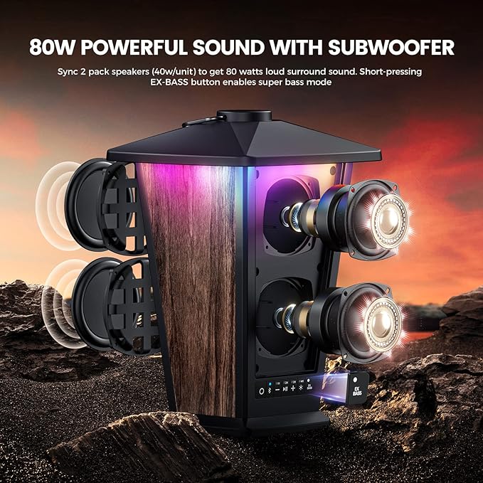 DbSoars 80W Outdoor Bluetooth Speaker Waterproof, True Wireless Stereo Sound with Punchy Bass, Multi-Connect up to 100 Speakers, 4 Adjustable Modes Beat-Driven Lights, Party/Patio/Pool Side/Beach, 2 Pack