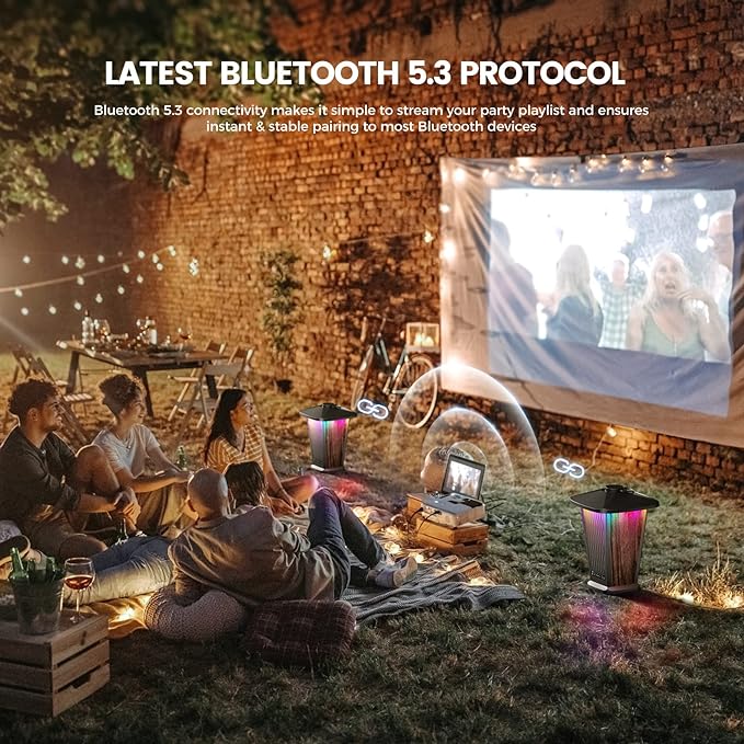 DbSoars 80W Outdoor Bluetooth Speaker Waterproof, True Wireless Stereo Sound with Punchy Bass, Multi-Connect up to 100 Speakers, 4 Adjustable Modes Beat-Driven Lights, Party/Patio/Pool Side/Beach, 2 Pack