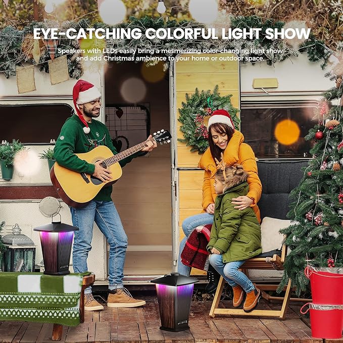 DbSoars 80W Outdoor Bluetooth Speaker Waterproof, True Wireless Stereo Sound with Punchy Bass, Multi-Connect up to 100 Speakers, 4 Adjustable Modes Beat-Driven Lights, Party/Patio/Pool Side/Beach, 2 Pack